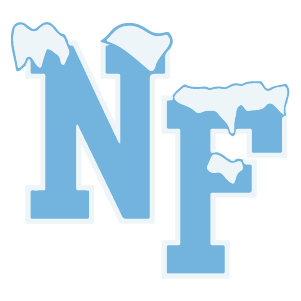 Logo for school capital N & F with blue color and white snow falling off top of letters 